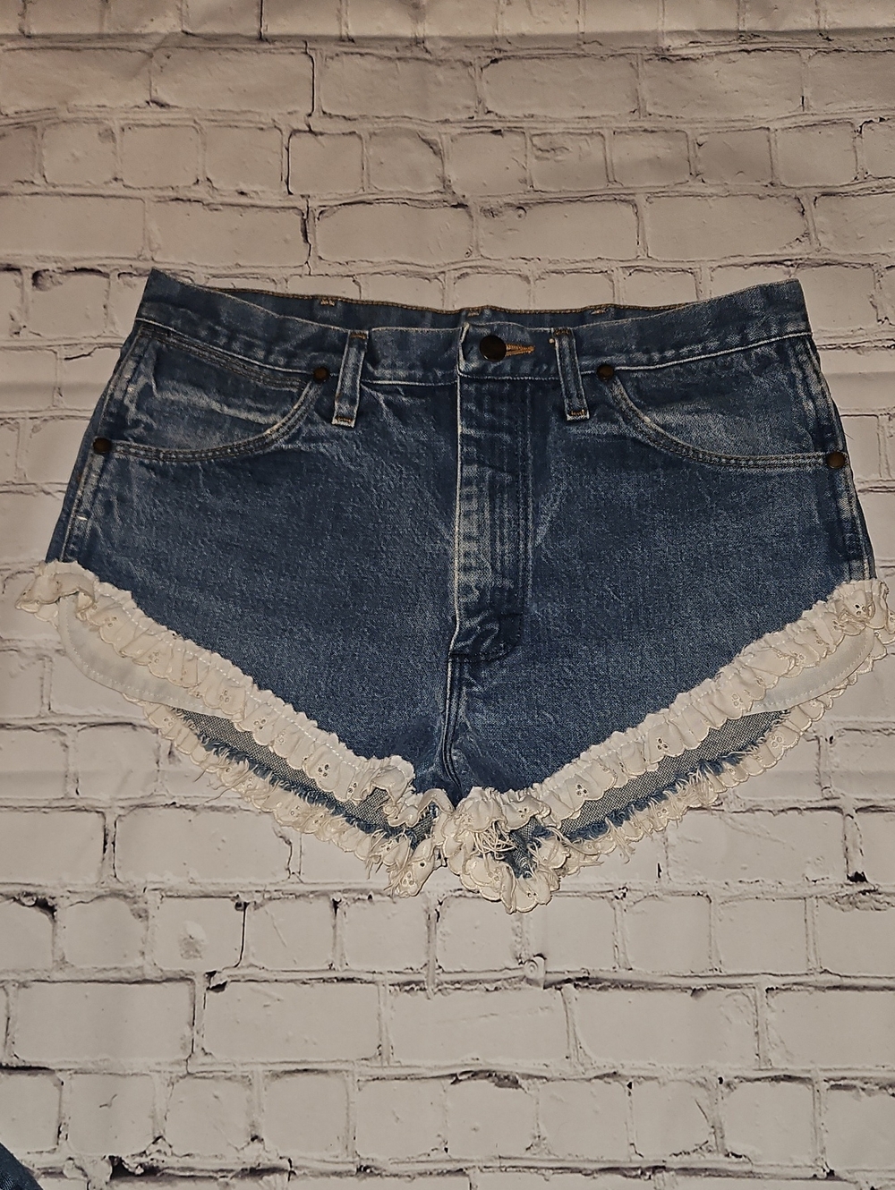 Wrangler Dark Blue Denim Shorts with White Ruffle Trim